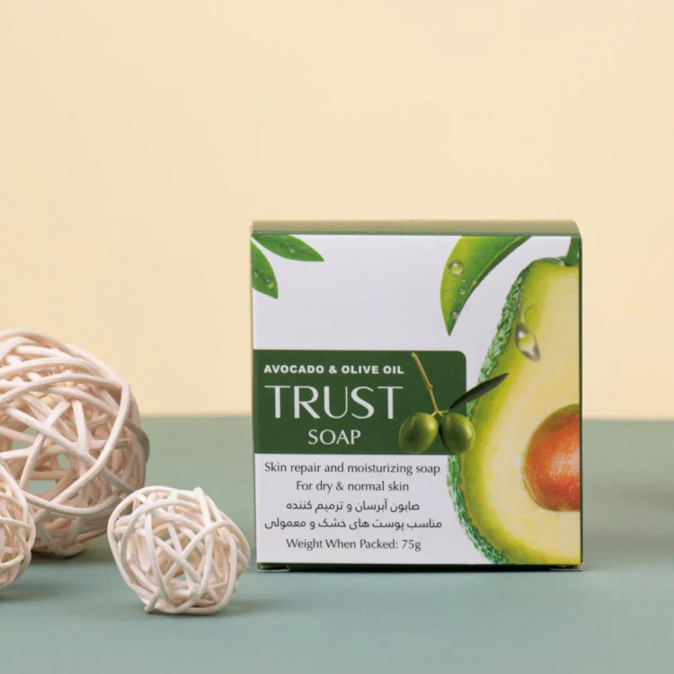 صابون آووکادو و زیتون تراست ۷۵ گرم — پاککننده و تغذیهکننده پوست، مناسب انواع پوست
